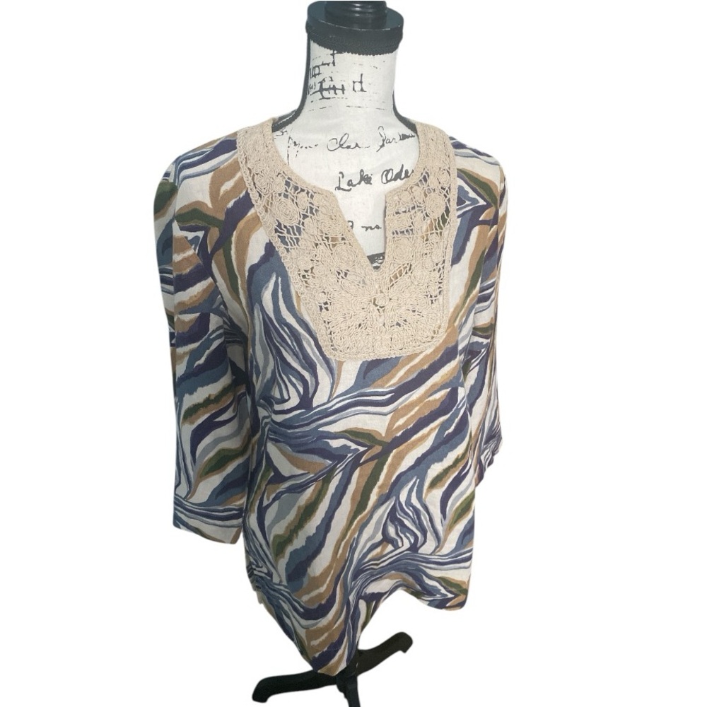 Blue & Cream Crochet Embroidered Linen Lagenlook V-neck Tunic Blouse Women’s 14